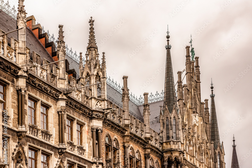 Gothic towers of the New Town Hall in Munich built in the 19th century