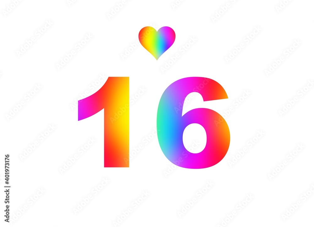 16th birthday card illustration with multicolored numbers isolated in white background. 16th birthday card illustration with multicolored numbers isolated in white background.