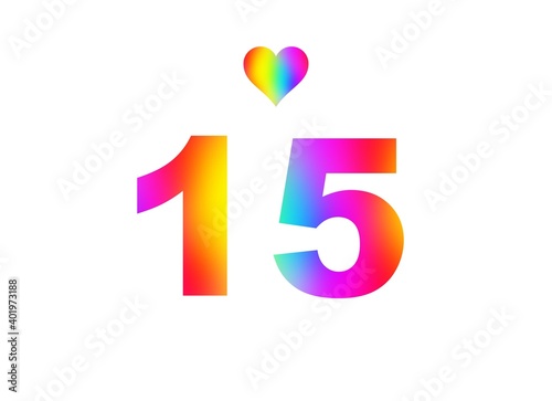 15th birthday card illustration with multicolored numbers isolated in white background.
