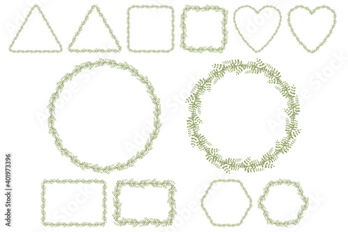 Invitation template with green leaves, wreath set. Wedding invite element. Elegant decoration. Vector drawing. Scrapbook design.