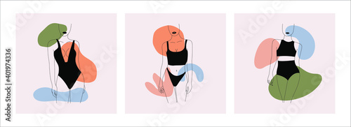 Abstract minimalist women bodies. Fashion illustrations of minimal line model characters, female figure in lingerie. Vector art set
