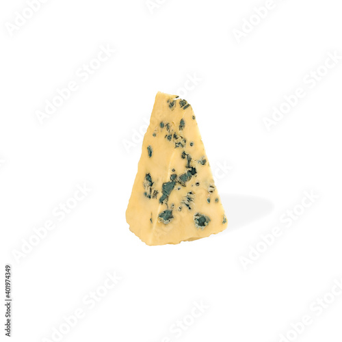 triangular piece of cheese with mold. blue cheese. Wedge of soft blue cheese with mold. roquefort cheese on white background