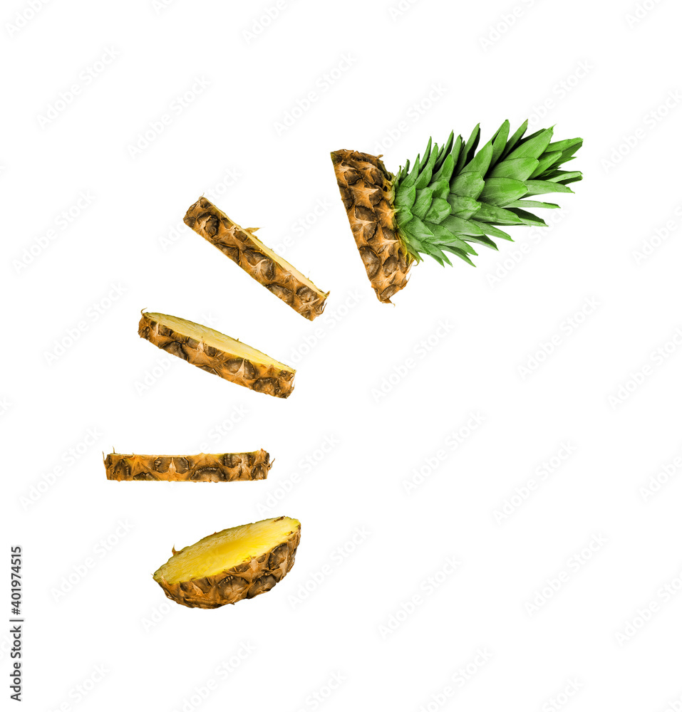pineapple cut into rings, pineapple rings falling from top to bottom isolated on white Stock