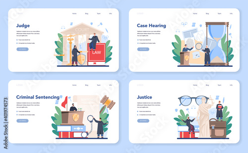Judge web banner or landing page set. Court worker stand for justice and law.