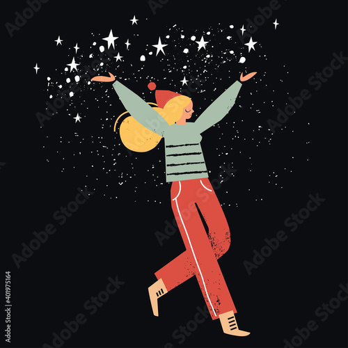 Christmas celebrating vector illustration card with young woman, trendy girl in Santa hat in the night with shining stars in black sky catching stars. Girl and Christmas, new year night sky.