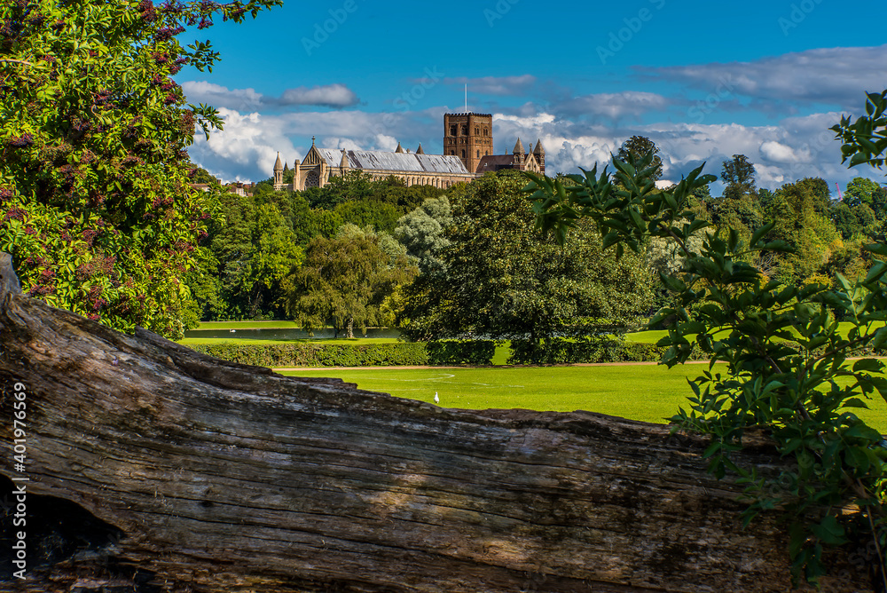 A view of the Cathedral across the park and trees of  Verulamium Park, St Albans, UK in the summertime