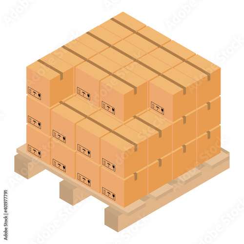 Closed cardboard boxes on a pallet with a ribbon with road signs. Isometric composition concept. Isolated vector on white background. Design for delivery service. Vector