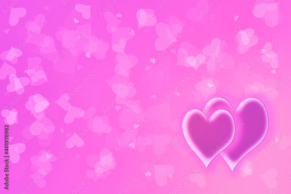 Pink background with flying transparent hearts. Unobtrusive light background abstraction is great for wallpaper or postcards. On the right side there are two hearts symbolizing lovers.