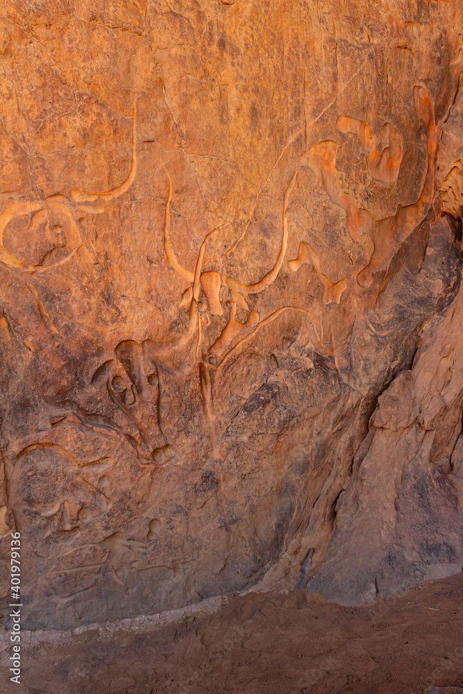 Famous rock relief carving  of a crying cow at Tegharghart,   near Djanet, Tassili nAjjer National Park, South Algeria, North Africa, 