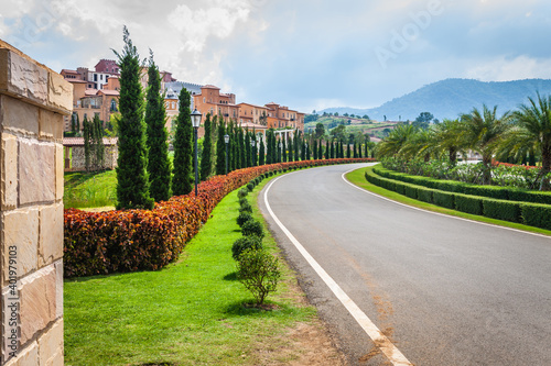 Fototapeta Naklejka Na Ścianę i Meble -  Landscape of European-style buildings in a mountain village at Khao Yai, Pak Chong, Nakhon Ratchasima, Thailand