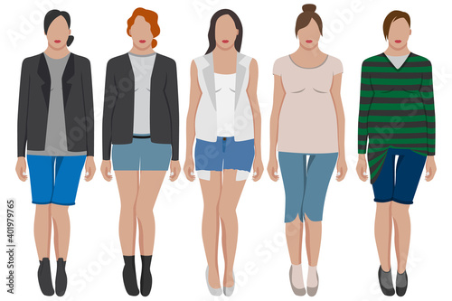 A set of five girls in beautiful clothes of different styles and colors. Body positive.