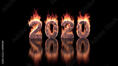 2020 year text burning in fire on glossy surface – 3d animation