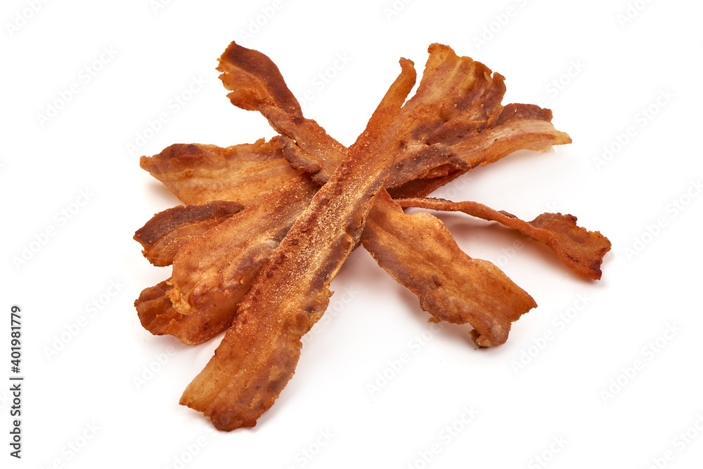 Fried Bacon, american breakfast, isolated on white background Fried Bacon, american breakfast, isolated on white background