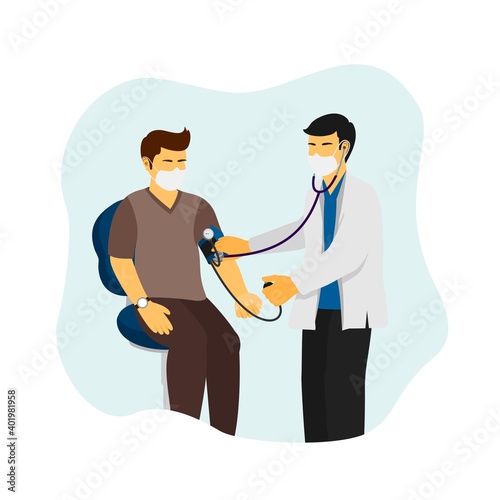 Medical doctor measuring blood pressure of male patient with red background vector illustration.
