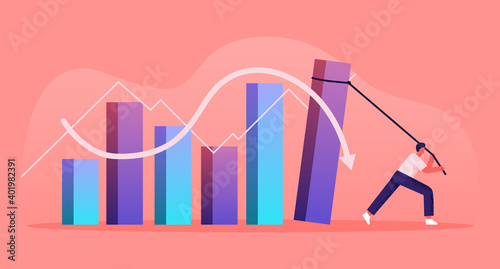 The man pulls the stock graph down. Financial market, stock market. Falling course concept. Man destroys the economy