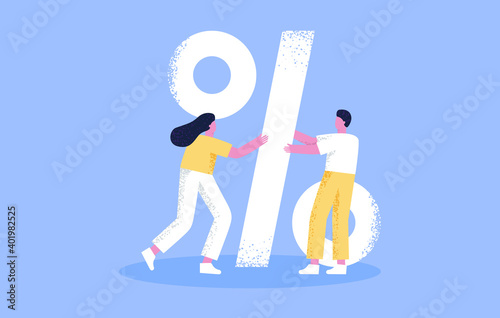 A guy and a girl are holding a big percent sign. Discounts on goods, promotions. Keep discounts. Financial interest. Increase, decrease in price