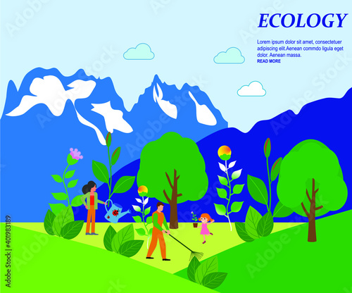 Ecology concept. People take care about planet ecology. Protect nature and ecology banner. Earth day Globe with trees plants and volunteer. Vector illustration. © krylovochka