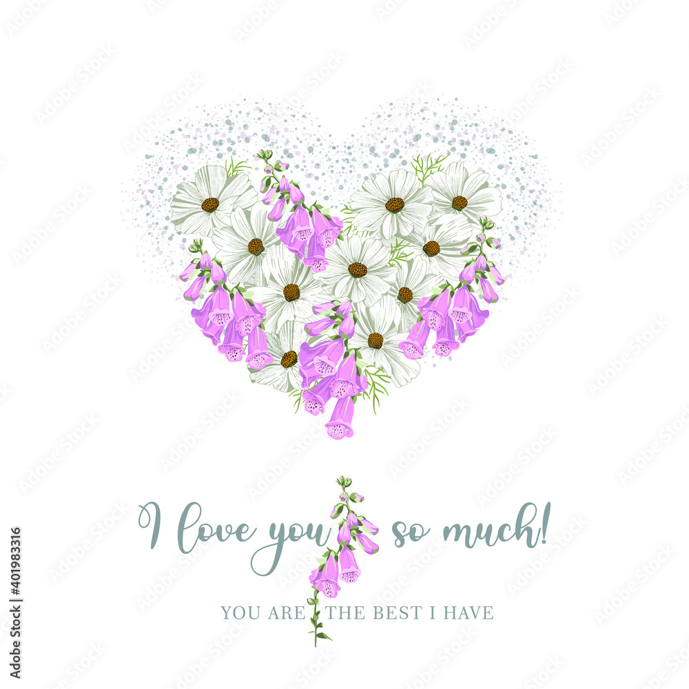 valentine heart of wildflowers with congratulations I love you so much, you are the best I have, floral card with, floral botany collection sketch