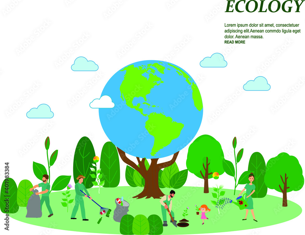 Ecology concept. People take care about planet ecology. Protect nature and ecology banner. Earth day Globe with trees plants and volunteer. Vector illustration.