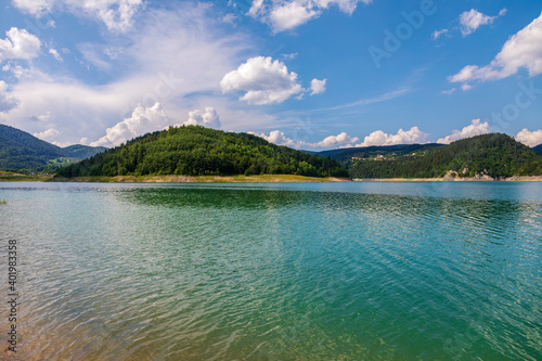 Sunny summer day on artificial Zaovine lake on Tara Mountain, Serbia.
