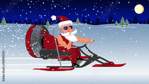 Bad Santa Claus on a snowmobile rides with gifts on a snowy road