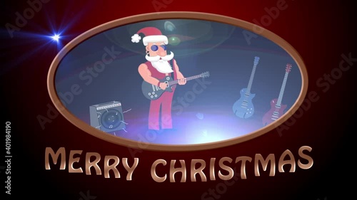 Merry Christmas appears. Bad Santa Claus on a snowmobile rides with gifts on a snowy road with colorful lights garland. Cartoon