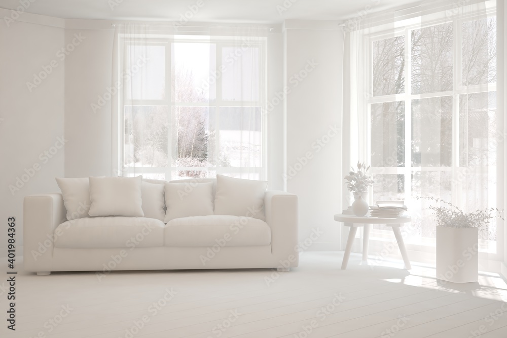 White minimalist living room with sofa. Scandinavian interior design. 3D illustration White minimalist living room with sofa. Scandinavian interior design. 3D illustration