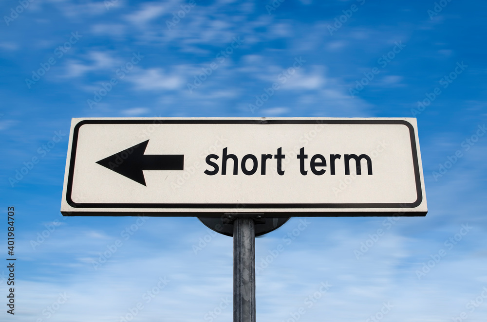 Short term road sign, arrow on blue sky background. One way blank road sign with copy space. Arrow on a pole pointing in one direction. Short term road sign, arrow on blue sky background. One way blank road sign with copy space. Arrow on a pole pointing in one direction.