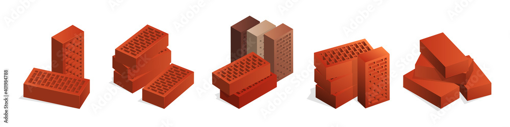 Realistic vector red brick illustrations set isolated on white. Cartoon vector flat illustration orange brick. 3D isometric vector red bricks icon for logo template, infographics and design games. Realistic vector red brick illustrations set isolated on white. Cartoon vector flat illustration orange brick. 3D isometric vector red bricks icon for logo template, infographics and design games.