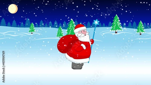 Santa Claus rides with big bag for children gifts. Father Frost with presents.