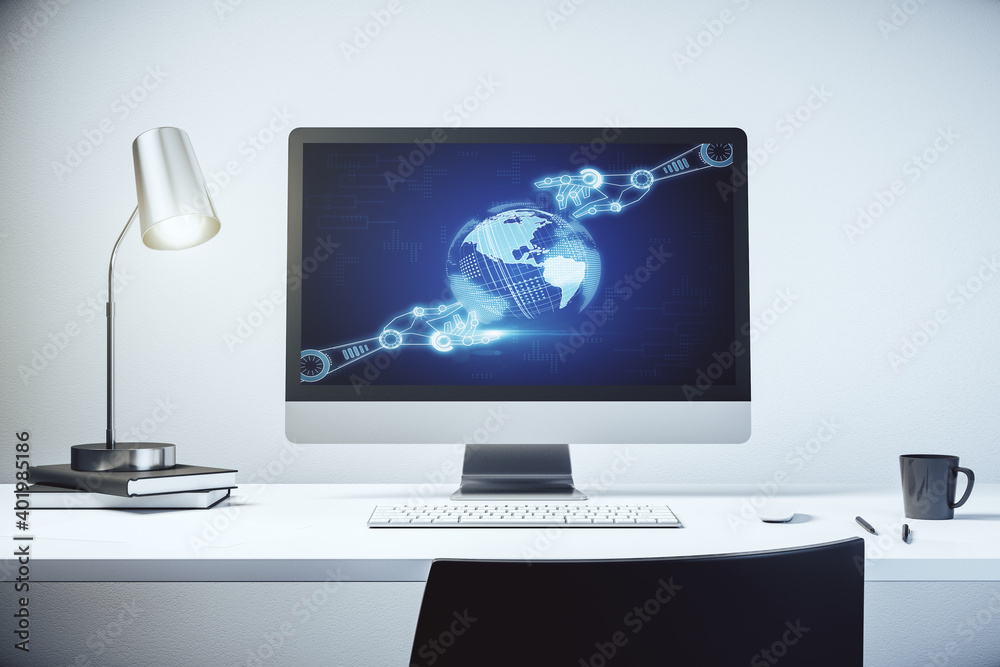 Modern computer monitor with robotics technology with world map hologram. Research and development software concept. 3D Rendering Modern computer monitor with robotics technology with world map hologram. Research and development software concept. 3D Rendering