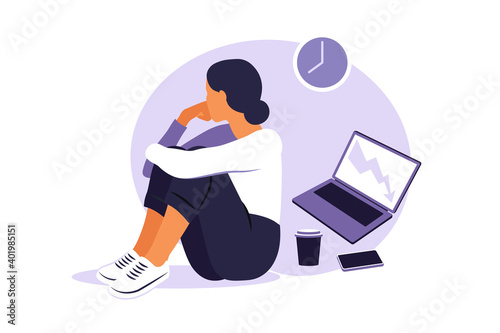 Professional burnout syndrome. Illustration tired female office worker sitting at the table. Frustrated worker, mental health problems. Vector illustration in flat style.