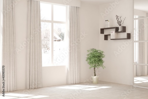 Mock up of empty room in white color with winter landscape in window. Scandinavian interior design. 3D illustration