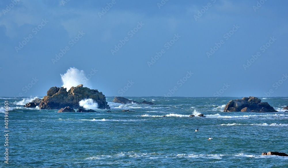 Storm on the coast at Plougrescant in Brittany. France