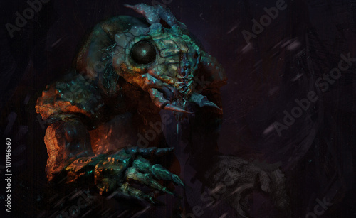 Digital 3d illustration of an alien bug creature in an abstract environment - fantasy sci-fi painting photo