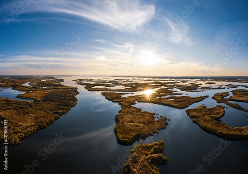 Irresistible floods on the Samara river on the dnieper in the evening light