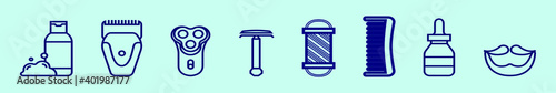 set of barber tools cartoon icon design template with various models. vector illustration isolated on blue background