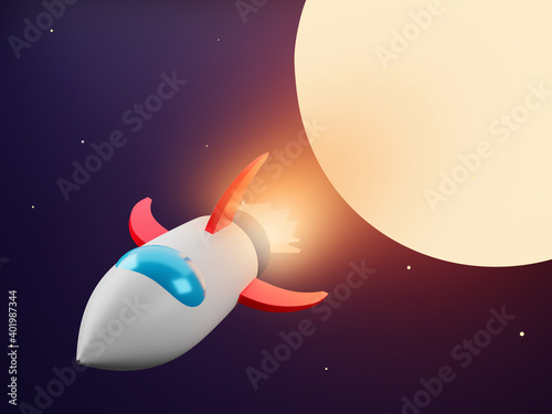Rocket flying in space with moon and stars - 3 D cartoon image