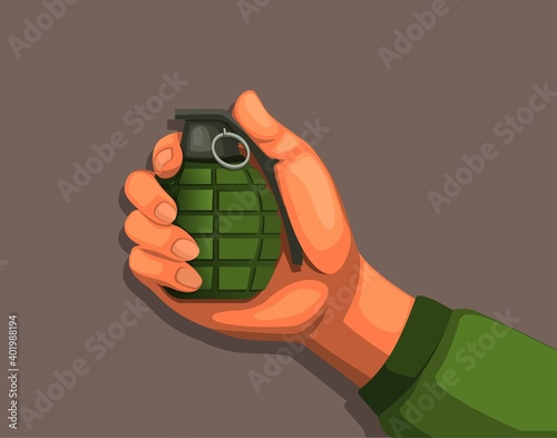 Hand holding grenade. army explosion weapon equipment symbol concept in cartoon illustration vector