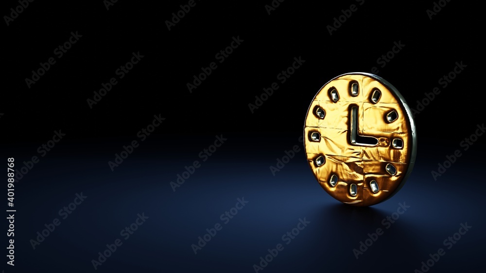 3d rendering symbol of wall clock wrapped in gold foil on dark blue background