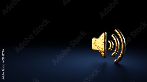 3d rendering symbol of volume up wrapped in gold foil on dark blue background