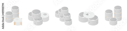 Concrete sewerage and septic tanks well element set, isolated on a white background. Stacks of different types concrete ring isometric icon. Building materials. Vector illustration. 3D flat style.