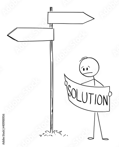 Vector cartoon stick figure illustration of frustrated man or businessman on crossroad looking for problem solution in map.