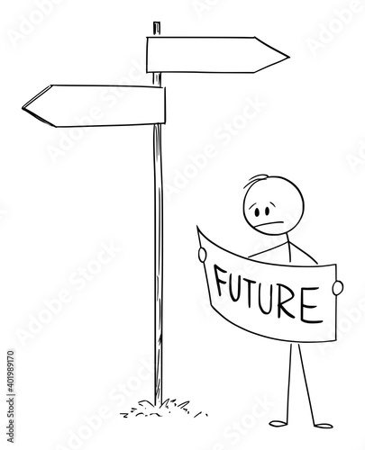 Vector cartoon stick figure illustration of frustrated man or businessman on crossroad looking for right way forward to future in map.