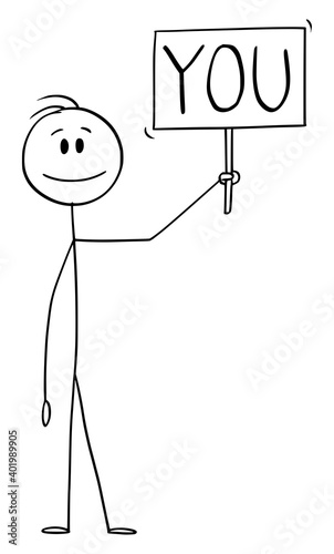 Vector cartoon stick figure illustration of smiling positive man or businessman holding and showing you sign.