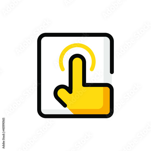 Flat MBE style black gold online order icon, lovely yellow orange hand click item, adorable symbol for restaurant, snack bar, food shop sign, a finger point on pad screen interface to choose meal menu