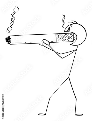 Vector cartoon stick figure illustration of man or smoker holding and smoking huge or big cigarette. Concept of health and lifestyle.