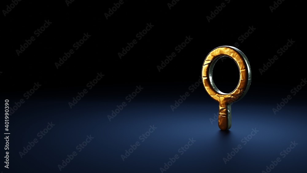 3d rendering symbol of search wrapped in gold foil on dark blue background
