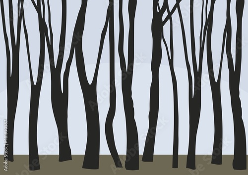 Vector abstract horizontal banner with many tree trunks (deciduous forest).