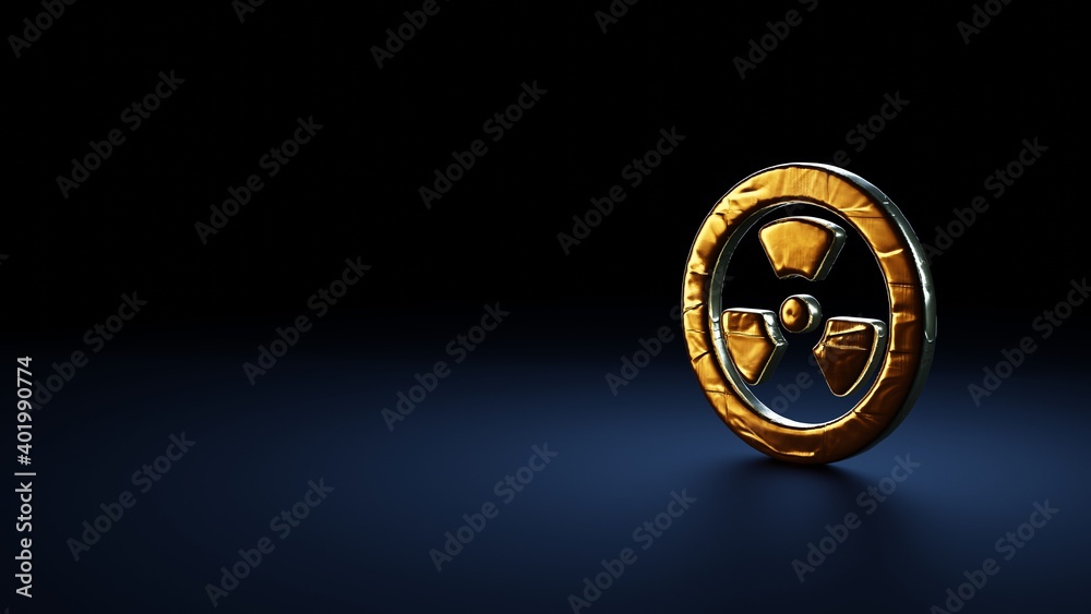 3d rendering symbol of radiation  wrapped in gold foil on dark blue background